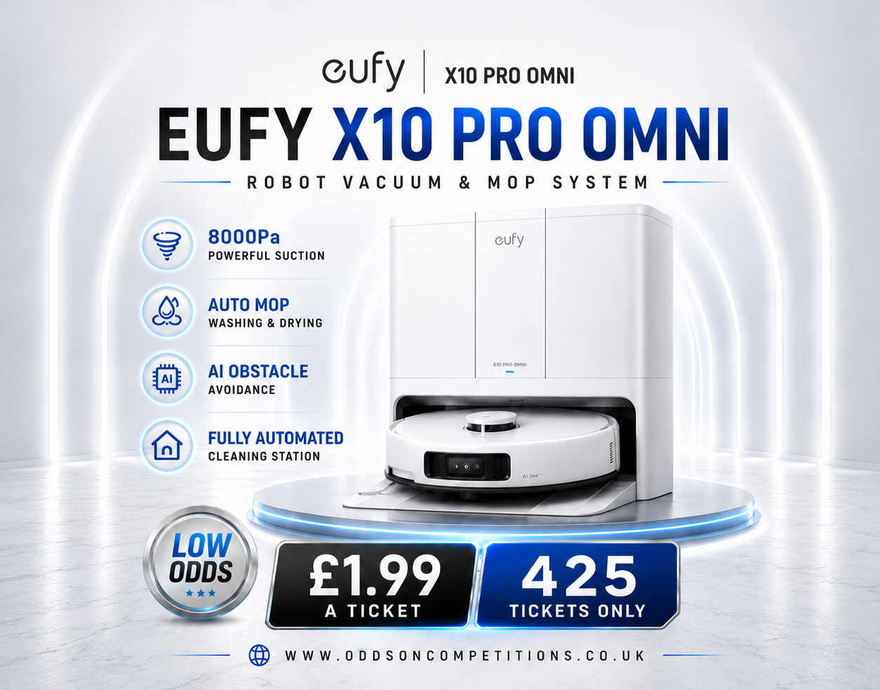EUFY X10 Pro Omni Robot Vacuum & Mop System – White Edition - £1.99 a ticket